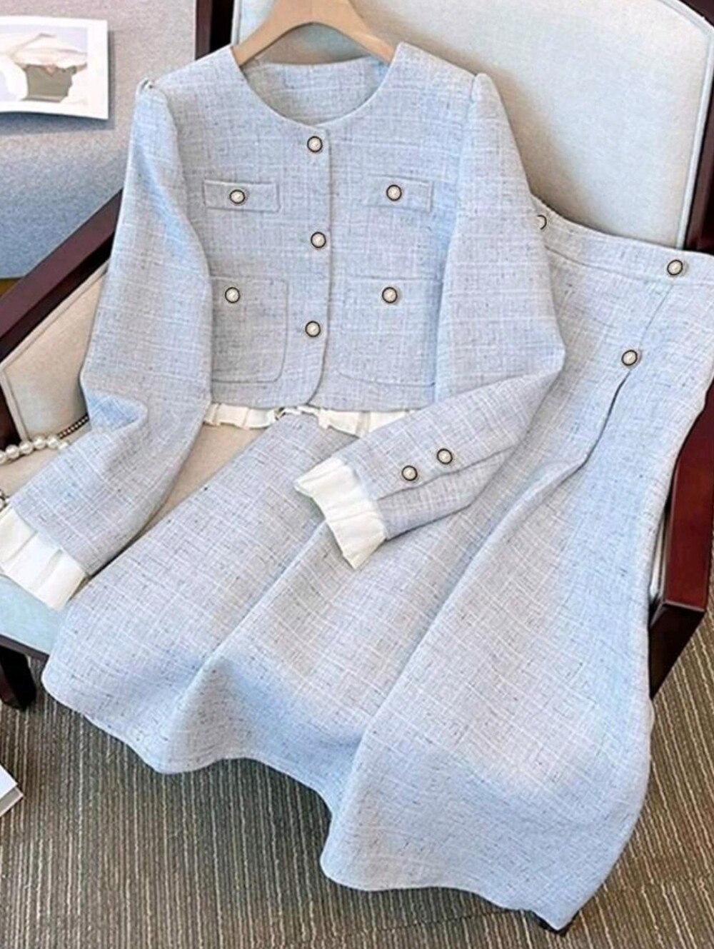 Women's Round Neck Single-Breasted Elegant Patchwork 2 Pieces Set Fall C